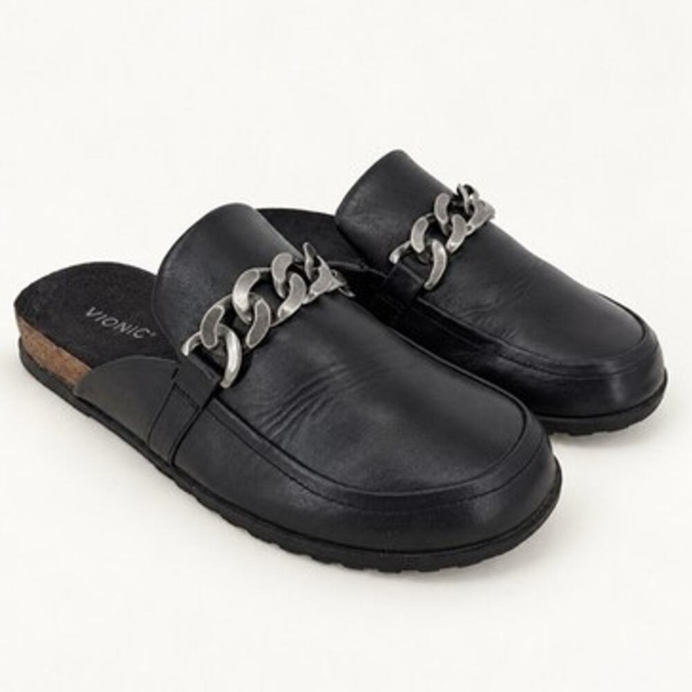 Vionic Georgie Black Leather Chain Mule Clogs Comfort Slip On Womens 8.8 EU 39
